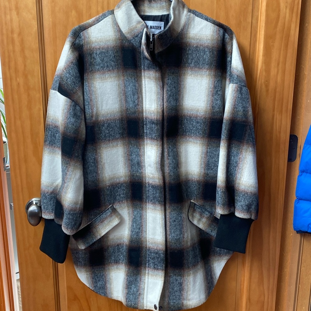 Steve Madden Cream, Black & Brown Plaid Wool Blend Jacket